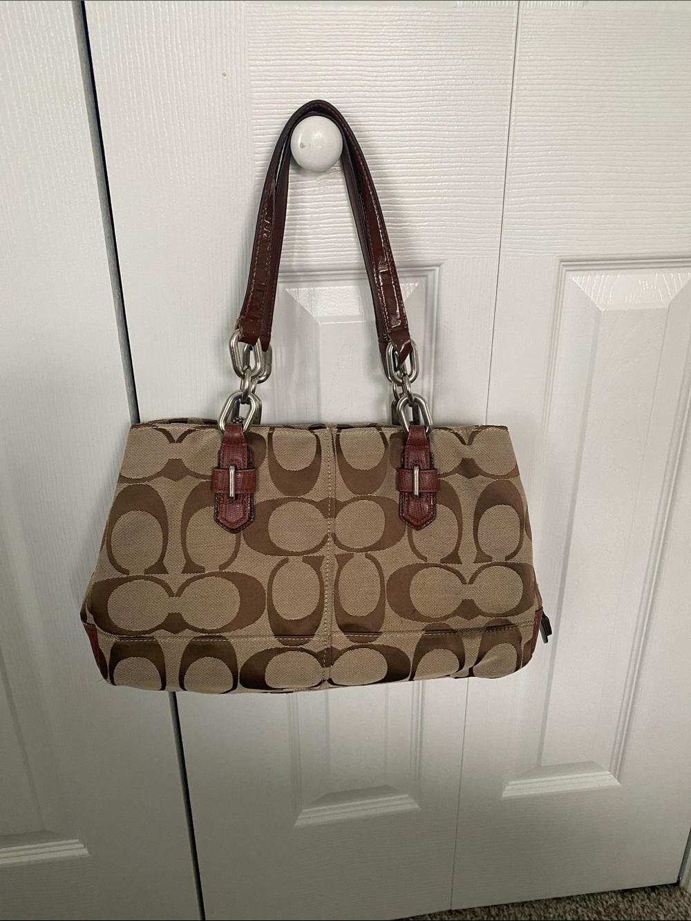 Coach Brown/Tan Signature Canvas Shoulder Bag with Leather Trim - Picture 2 of 5